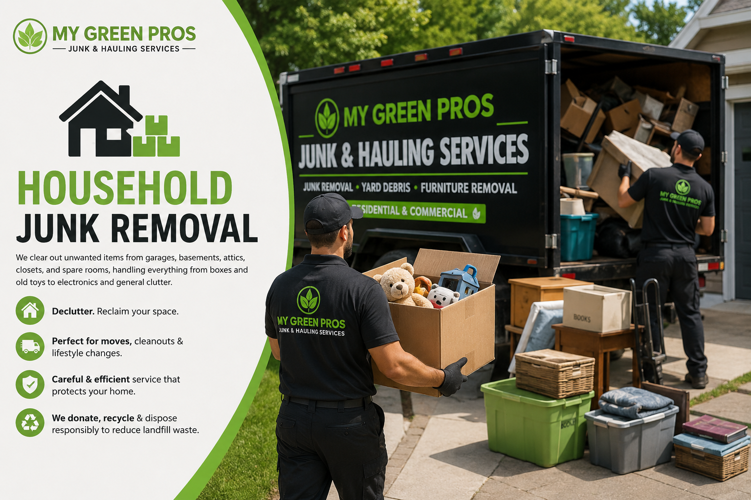 Worker loads cardboard boxes into a black “My Green Pros” junk hauling truck beside green bins.