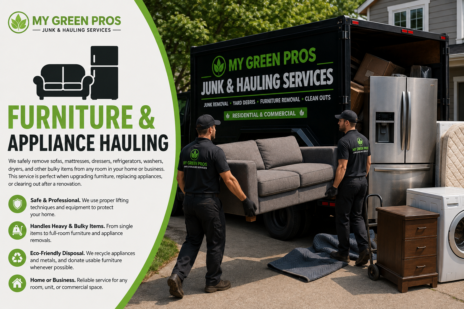 Two workers load a gray sofa into a black My Green Pros junk hauling truck.