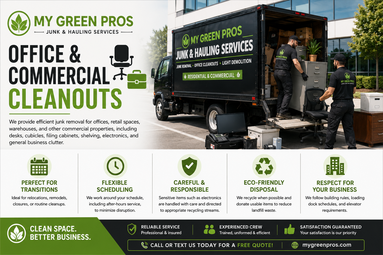  My Green Pros truck with workers unloading office furniture and electronics beside promotional text for junk hauling services.