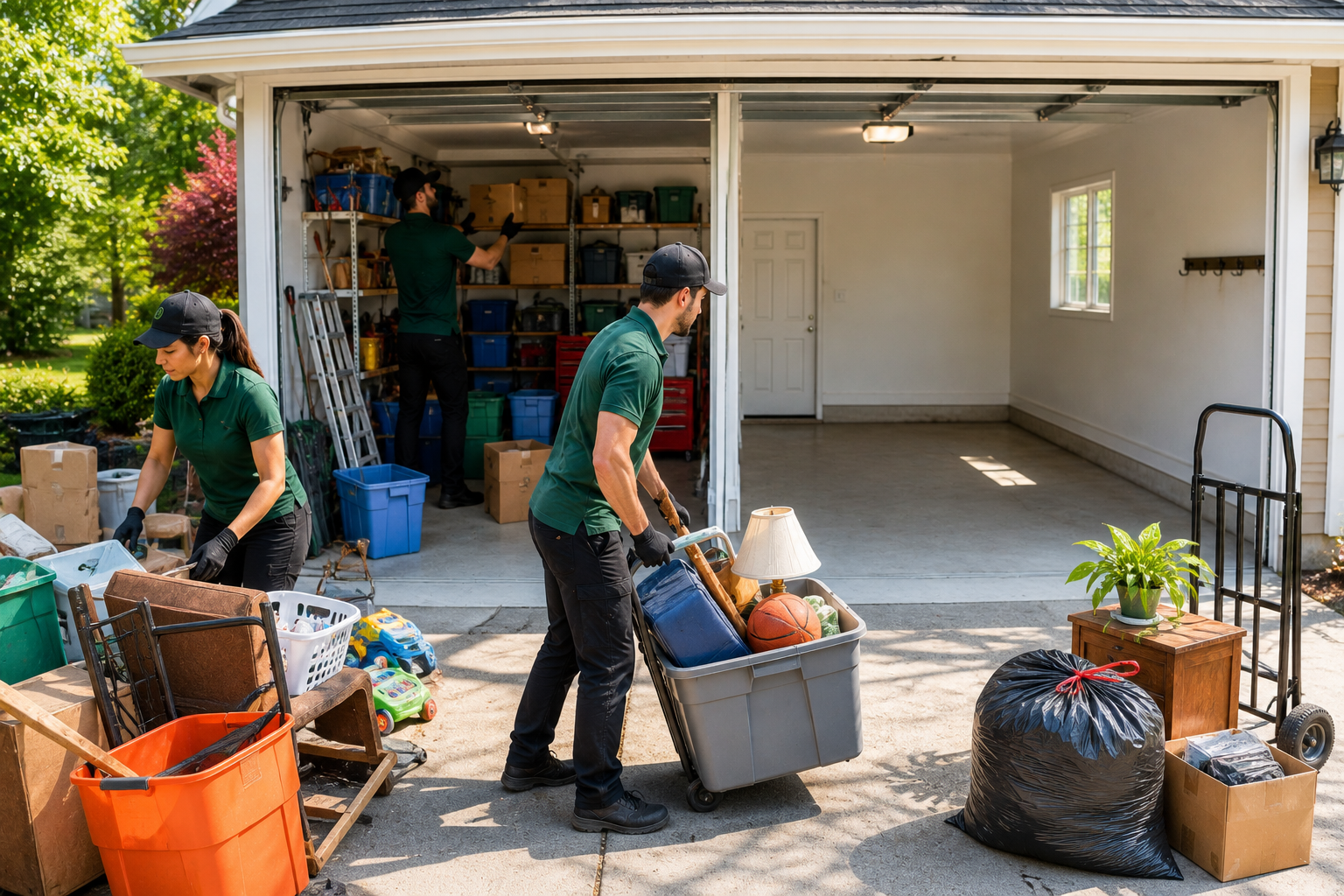 Two movers in green shirts carry supplies from a garage, loading bins and boxes outside.