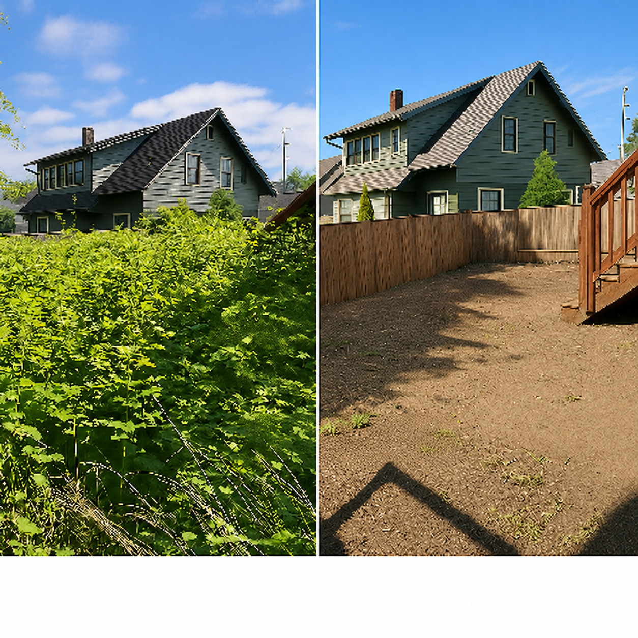 Before-and-after photo showing blackberry growth cleared from a yard.