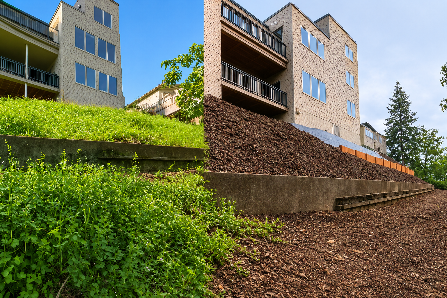 Before-and-after photo showing a residential yard cleanup.